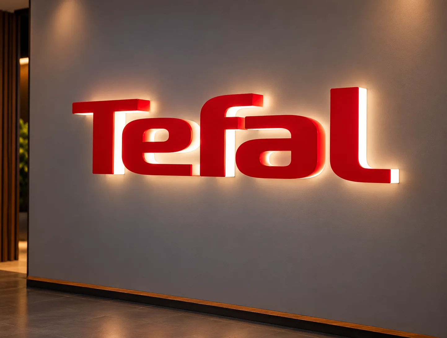 Об'ємний логотип Tefal з контурною підсвіткою на стіні