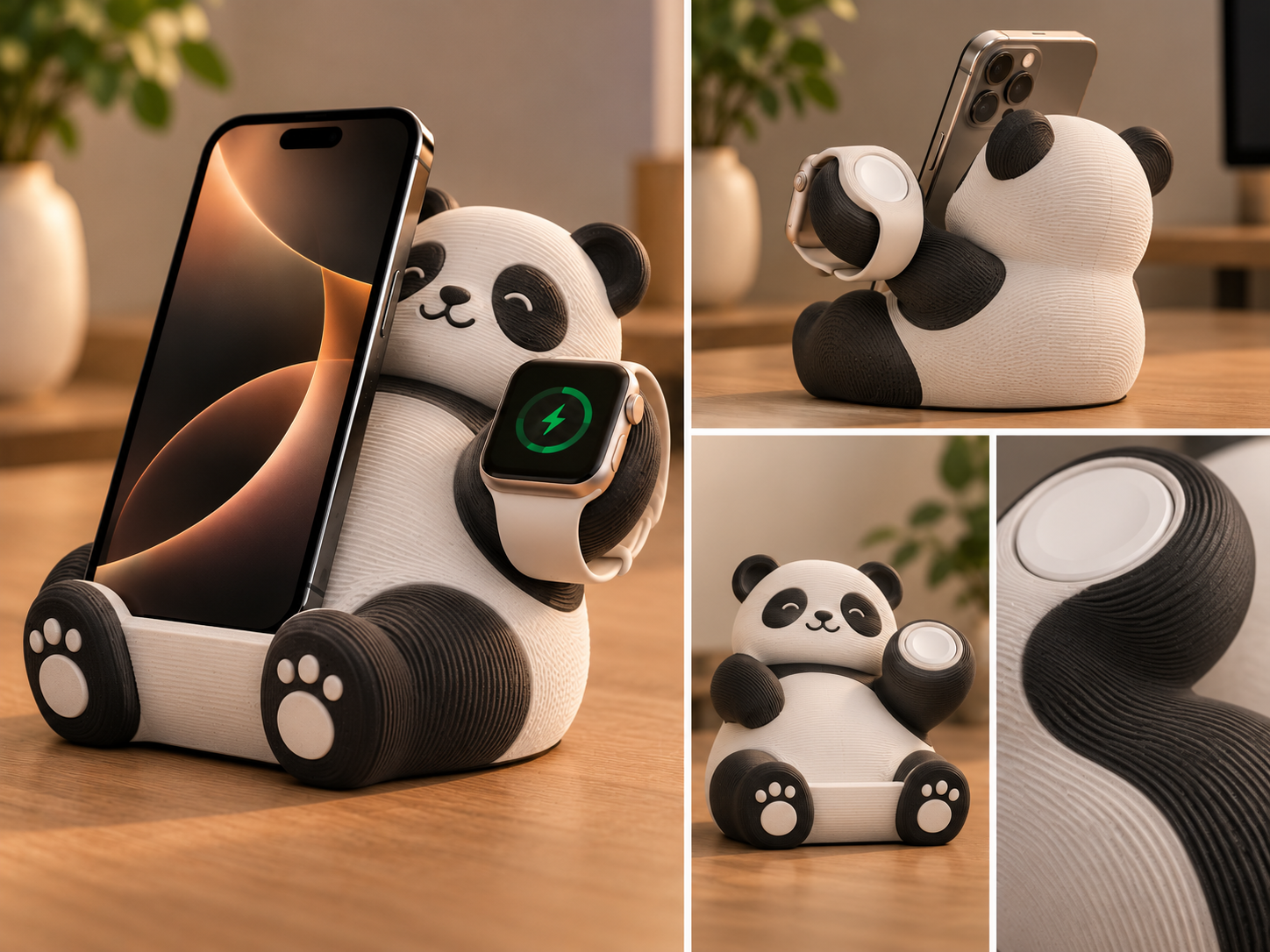 Чорно-білий док у формі панди для iPhone та Apple Watch